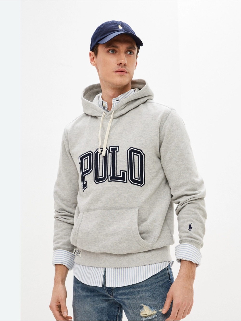 Polo by Ralph Lauren Light Gray Pullover Hoodie with Navy Logo